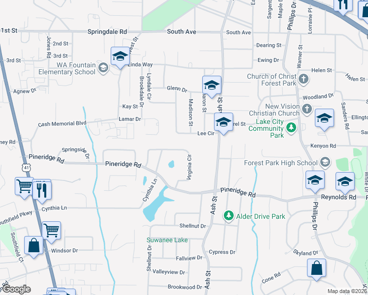 map of restaurants, bars, coffee shops, grocery stores, and more near 722 Virginia Circle in Forest Park
