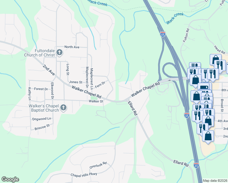 map of restaurants, bars, coffee shops, grocery stores, and more near 1717 Greenbriar Drive in Fultondale