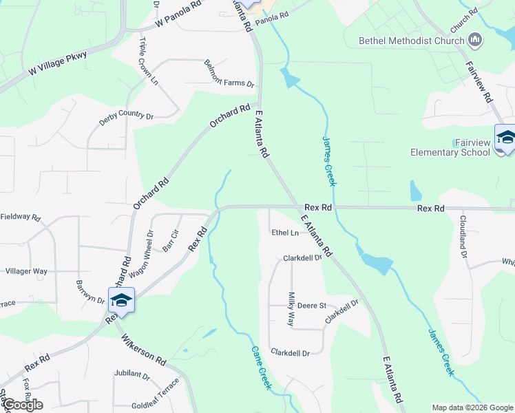 map of restaurants, bars, coffee shops, grocery stores, and more near 4599 Rex Road in Rex