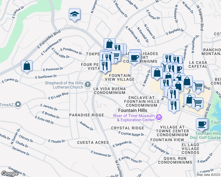 map of restaurants, bars, coffee shops, grocery stores, and more near 16271 East Chiquita Drive in Fountain Hills