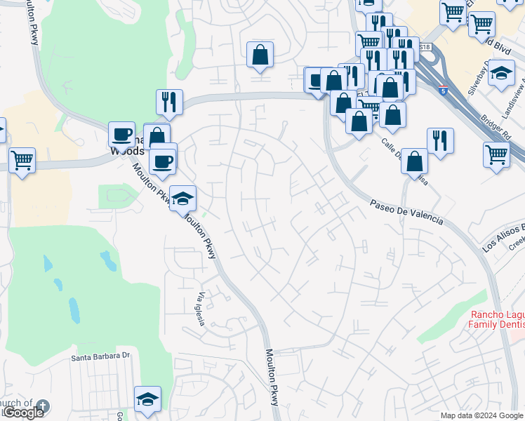 map of restaurants, bars, coffee shops, grocery stores, and more near 389 Avenida Castilla in Laguna Woods