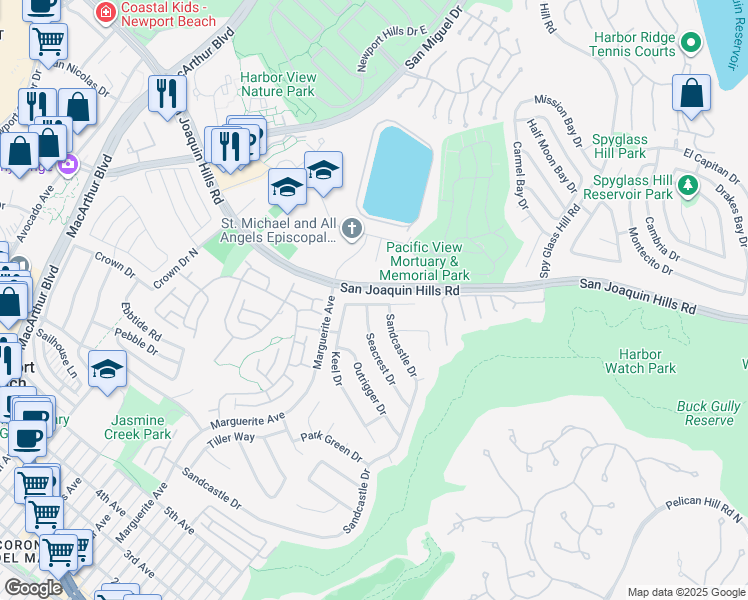 map of restaurants, bars, coffee shops, grocery stores, and more near 3500 Catamaran Drive in Newport Beach