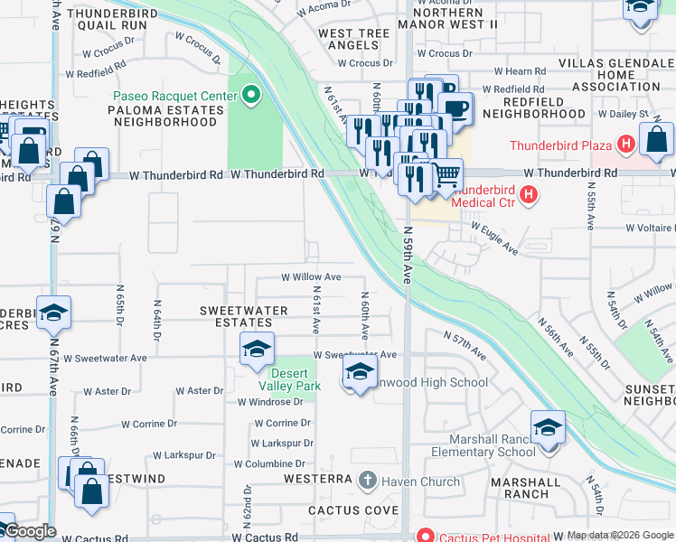 map of restaurants, bars, coffee shops, grocery stores, and more near 6032 West Willow Avenue in Glendale
