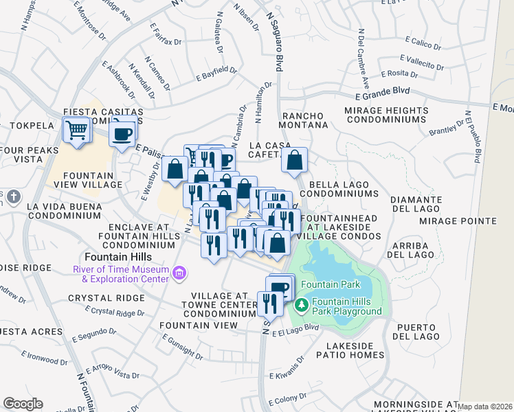 map of restaurants, bars, coffee shops, grocery stores, and more near 16837 East Palisades Boulevard in Fountain Hills
