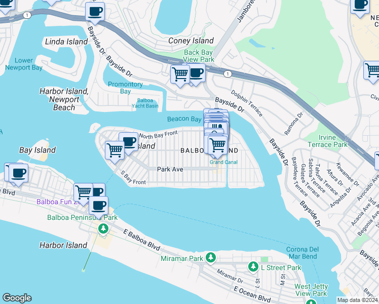 map of restaurants, bars, coffee shops, grocery stores, and more near 227 Apolena Avenue in Newport Beach