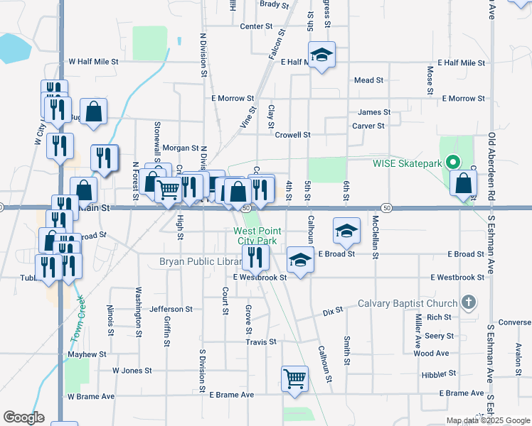 map of restaurants, bars, coffee shops, grocery stores, and more near 510 East Main Street in West Point