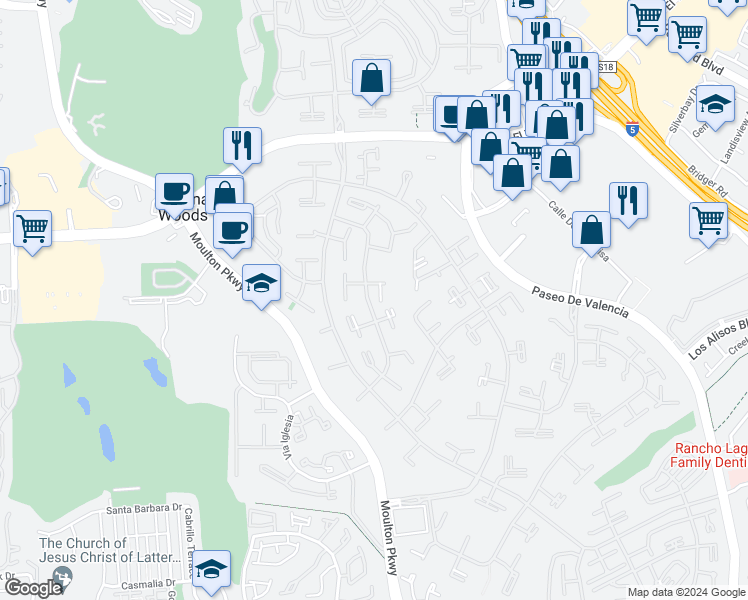 map of restaurants, bars, coffee shops, grocery stores, and more near 389 Avenida Castilla in Laguna Woods