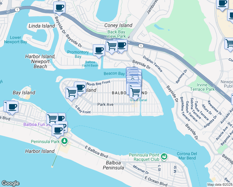 map of restaurants, bars, coffee shops, grocery stores, and more near 1007 Balboa Avenue in Newport Beach