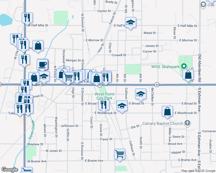 map of restaurants, bars, coffee shops, grocery stores, and more near 506 East Main Street in West Point