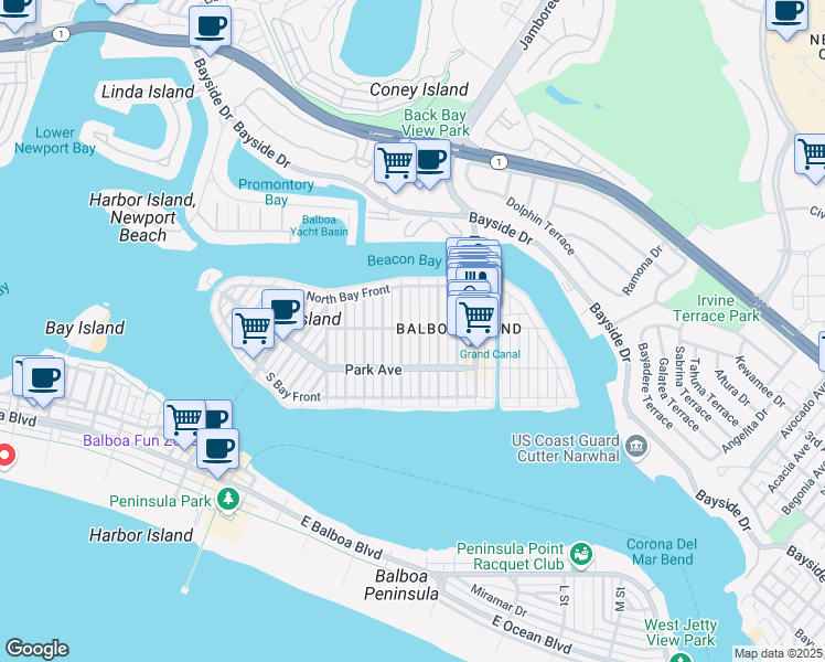 map of restaurants, bars, coffee shops, grocery stores, and more near 1007 Balboa Avenue in Newport Beach