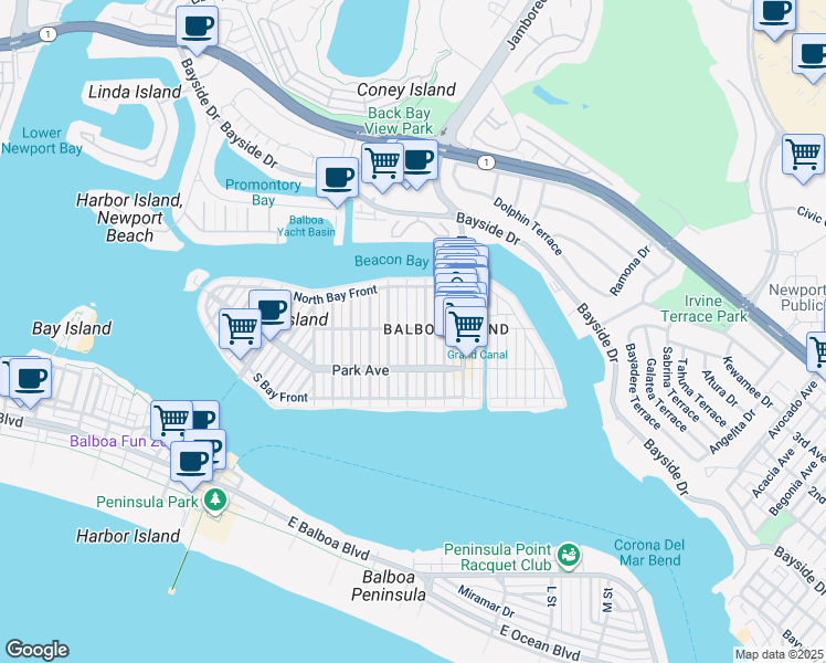 map of restaurants, bars, coffee shops, grocery stores, and more near 1103 Balboa Avenue in Newport Beach