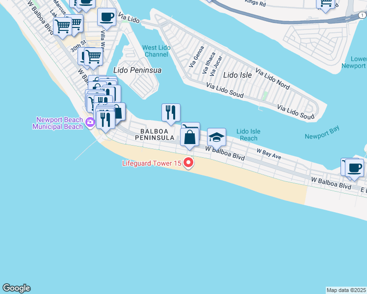 map of restaurants, bars, coffee shops, grocery stores, and more near 1517 West Balboa Boulevard in Newport Beach