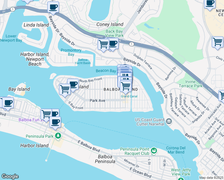 map of restaurants, bars, coffee shops, grocery stores, and more near 1103 Balboa Avenue in Newport Beach