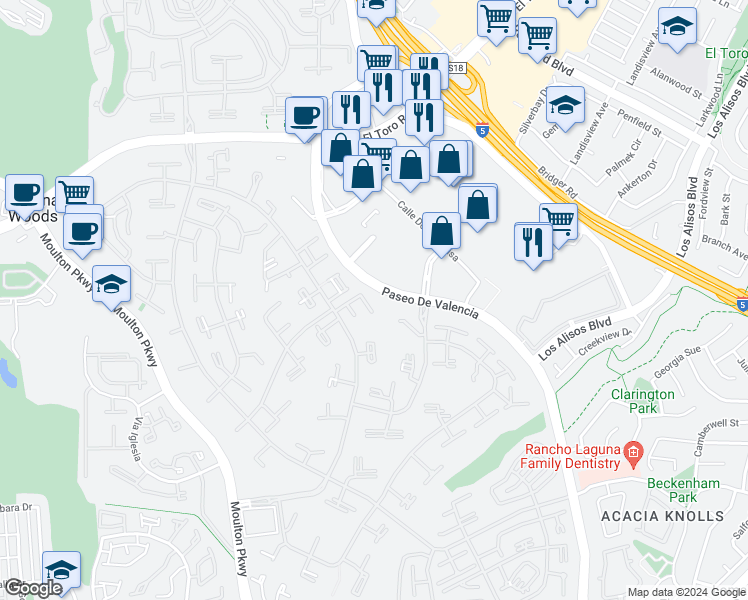 map of restaurants, bars, coffee shops, grocery stores, and more near in Laguna Woods
