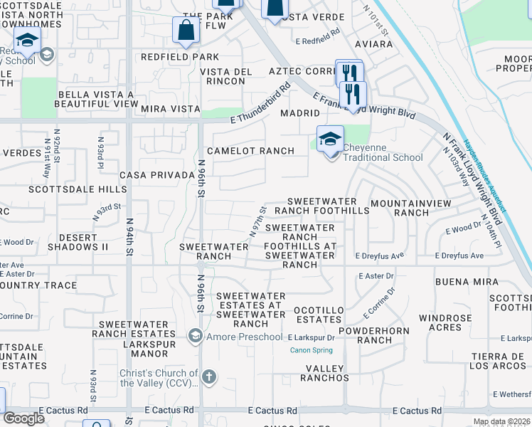 map of restaurants, bars, coffee shops, grocery stores, and more near 9716 East Sutton Drive in Scottsdale