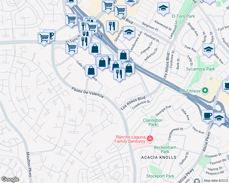 map of restaurants, bars, coffee shops, grocery stores, and more near 25182 Laguna Hills Mall in Laguna Hills