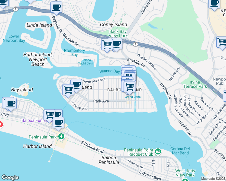map of restaurants, bars, coffee shops, grocery stores, and more near 310 Coral Avenue in Newport Beach