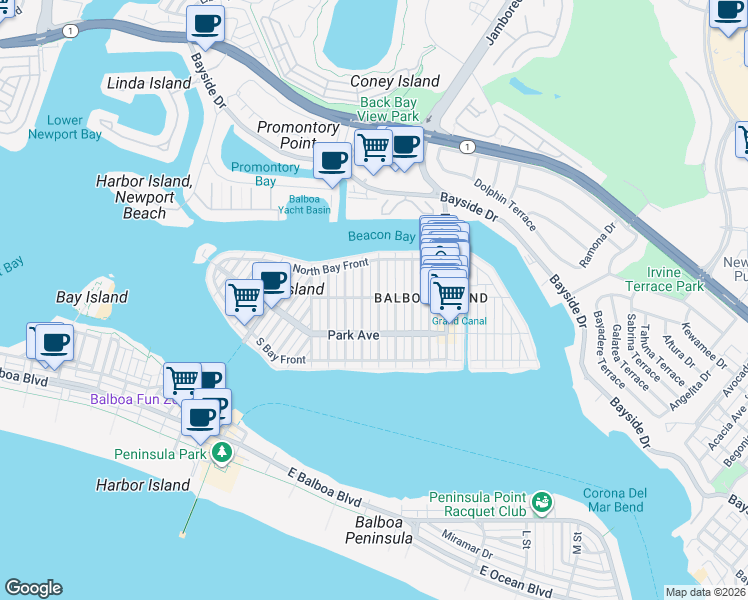 map of restaurants, bars, coffee shops, grocery stores, and more near 310 Coral Avenue in Newport Beach