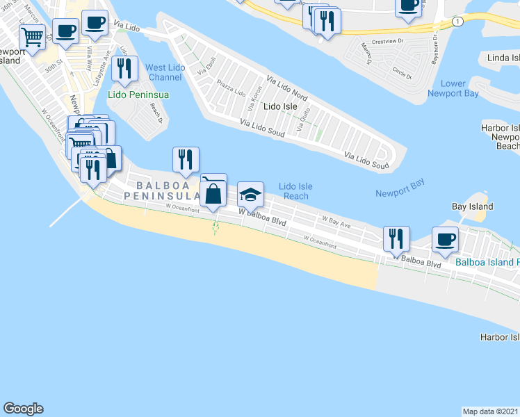 map of restaurants, bars, coffee shops, grocery stores, and more near 1324 West Bay Avenue in Newport Beach
