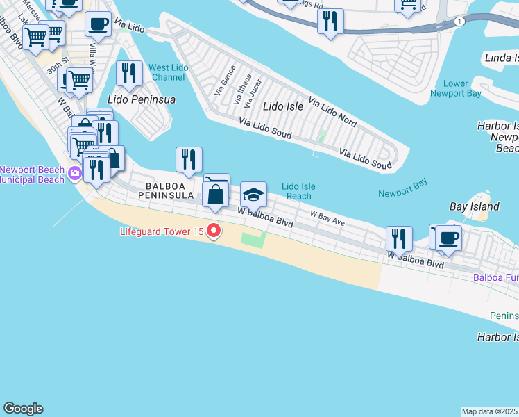map of restaurants, bars, coffee shops, grocery stores, and more near 1324 West Bay Avenue in Newport Beach