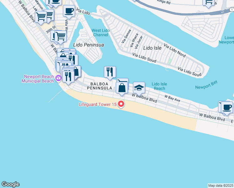 map of restaurants, bars, coffee shops, grocery stores, and more near in Newport Beach