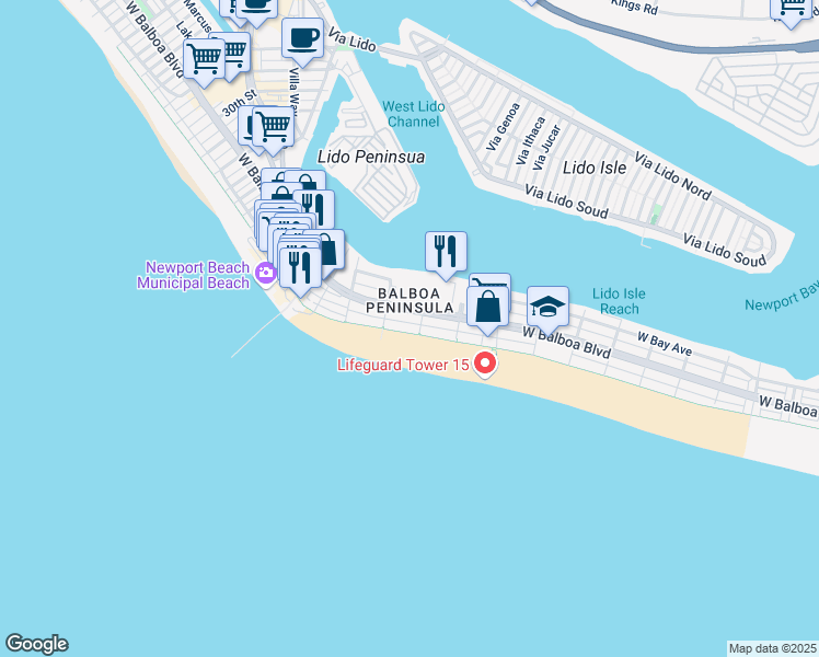 map of restaurants, bars, coffee shops, grocery stores, and more near 1709 West Balboa Boulevard in Newport Beach