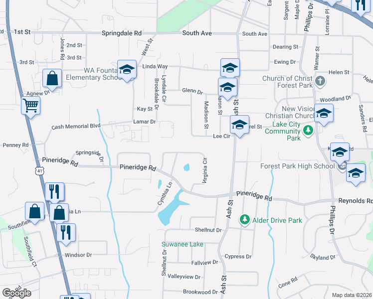 map of restaurants, bars, coffee shops, grocery stores, and more near 5381 Lee Circle in Forest Park