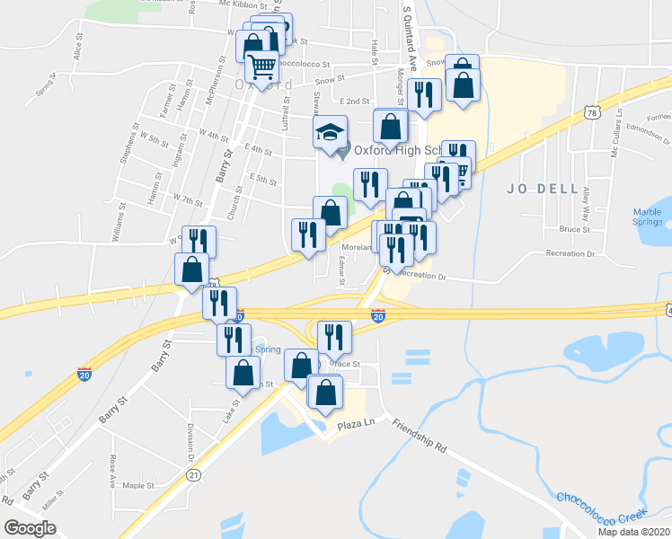 map of restaurants, bars, coffee shops, grocery stores, and more near 412 Hamric Drive East in Oxford