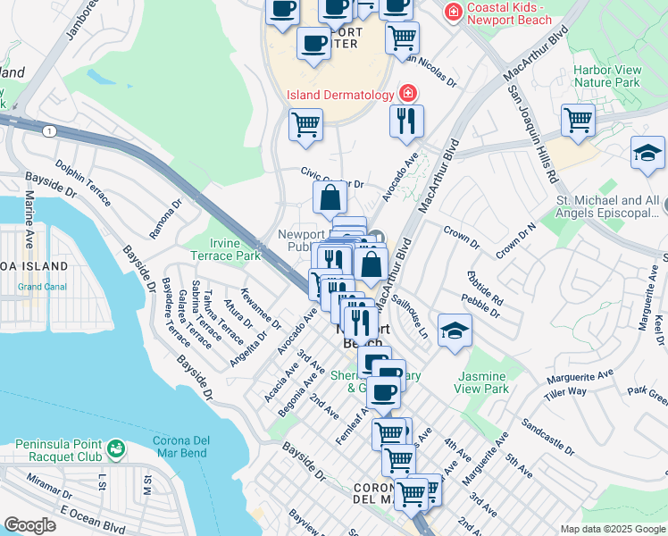 map of restaurants, bars, coffee shops, grocery stores, and more near 7 Corporate Plaza Drive in Newport Beach