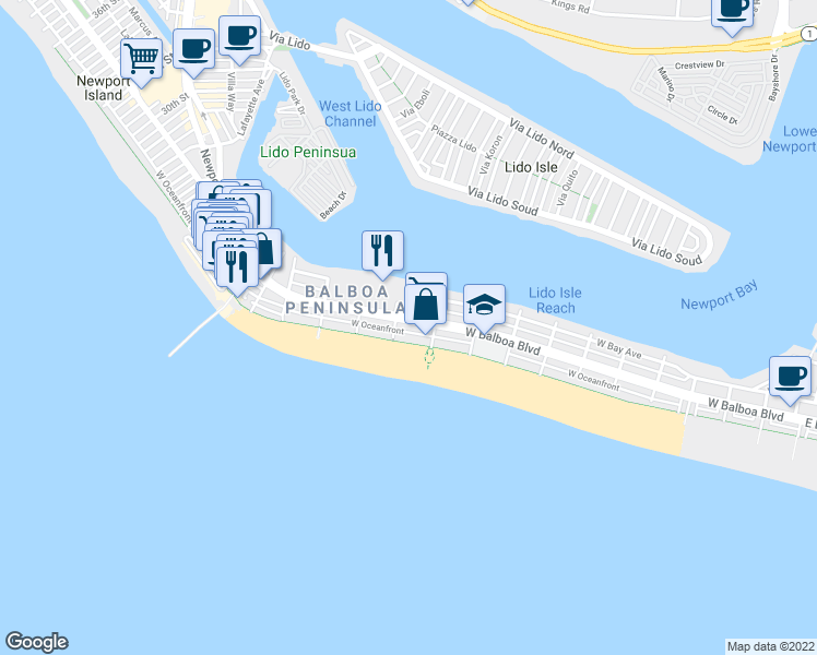 map of restaurants, bars, coffee shops, grocery stores, and more near 1519 West Balboa Boulevard in Newport Beach