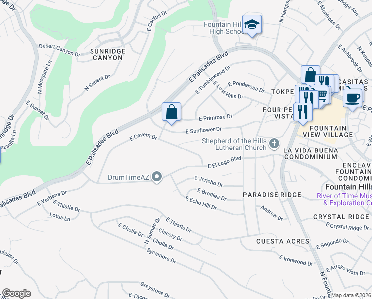 map of restaurants, bars, coffee shops, grocery stores, and more near 15801 East Sunflower Drive in Fountain Hills