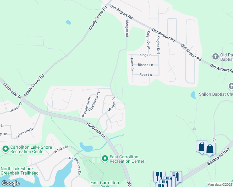 map of restaurants, bars, coffee shops, grocery stores, and more near 112 Asher Drive in Carrollton