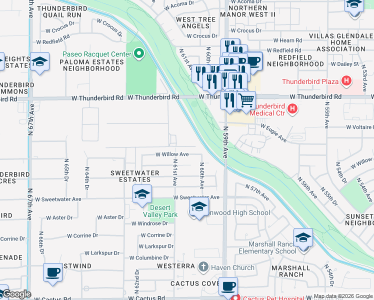 map of restaurants, bars, coffee shops, grocery stores, and more near 6032 West Willow Avenue in Glendale
