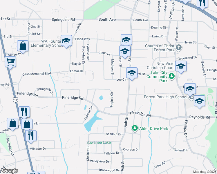 map of restaurants, bars, coffee shops, grocery stores, and more near 722 Virginia Circle in Forest Park