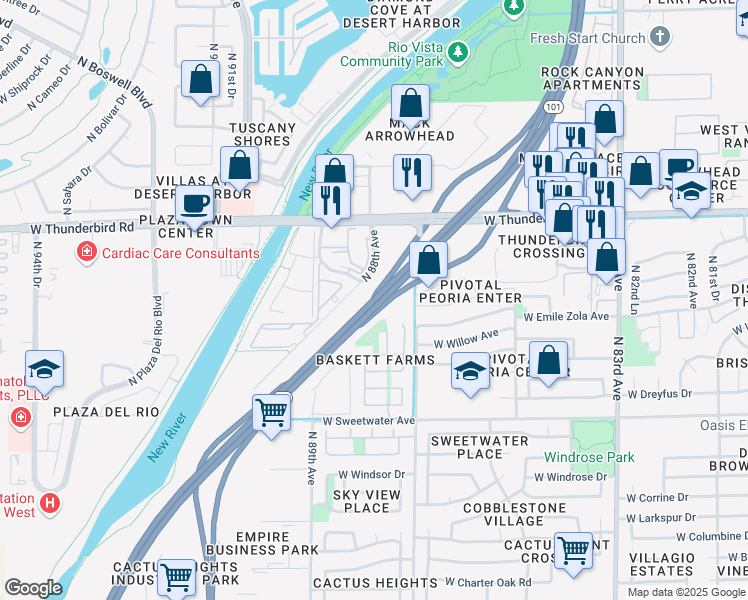 map of restaurants, bars, coffee shops, grocery stores, and more near Agua Fria Freeway in Peoria