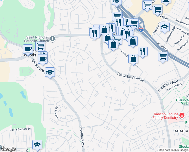 map of restaurants, bars, coffee shops, grocery stores, and more near in Laguna Woods