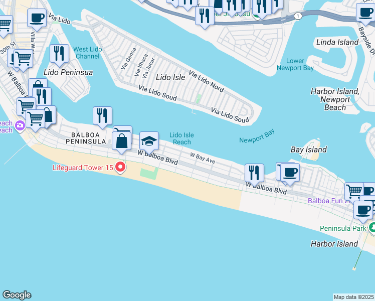 map of restaurants, bars, coffee shops, grocery stores, and more near 1130 West Bay Avenue in Newport Beach