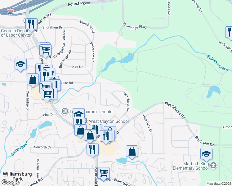 map of restaurants, bars, coffee shops, grocery stores, and more near 5406 Glen Haven Drive in Atlanta