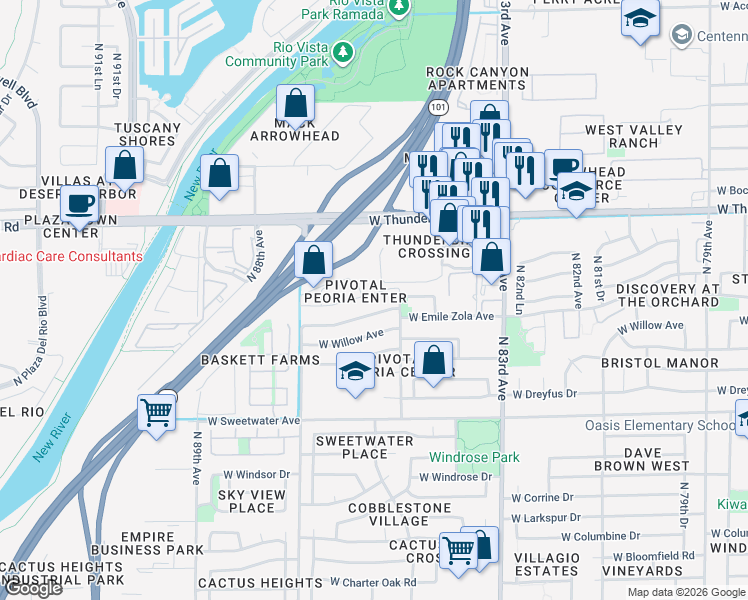 map of restaurants, bars, coffee shops, grocery stores, and more near 13675 North 85th Lane in Peoria