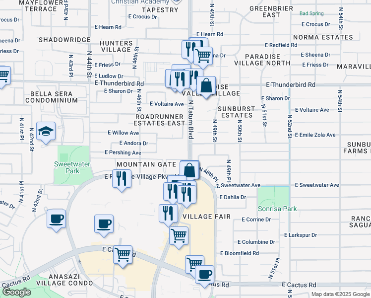 map of restaurants, bars, coffee shops, grocery stores, and more near 13240 North Tatum Boulevard in Phoenix