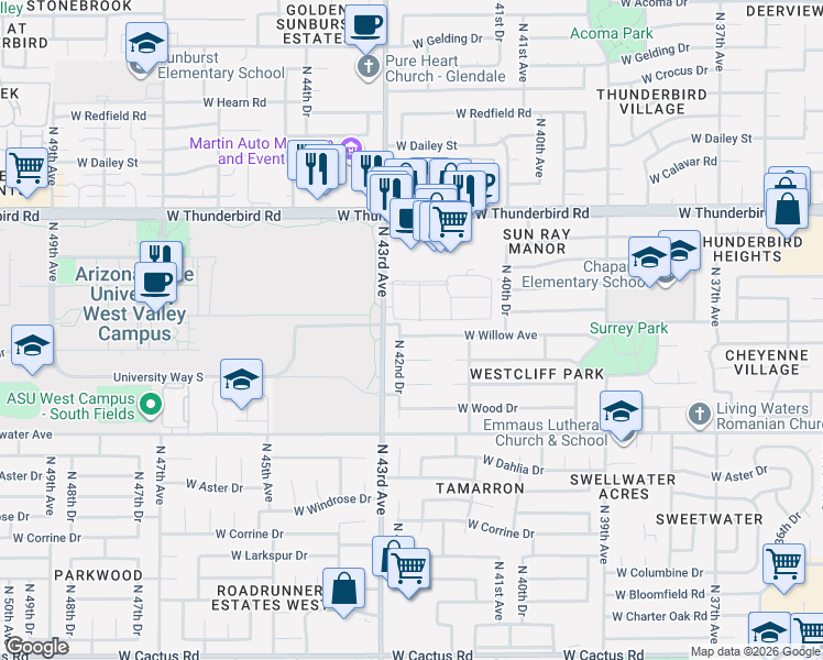 map of restaurants, bars, coffee shops, grocery stores, and more near 4216 West Willow Avenue in Phoenix