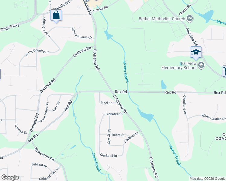 map of restaurants, bars, coffee shops, grocery stores, and more near 2500-2636 East Atlanta Road in Stockbridge