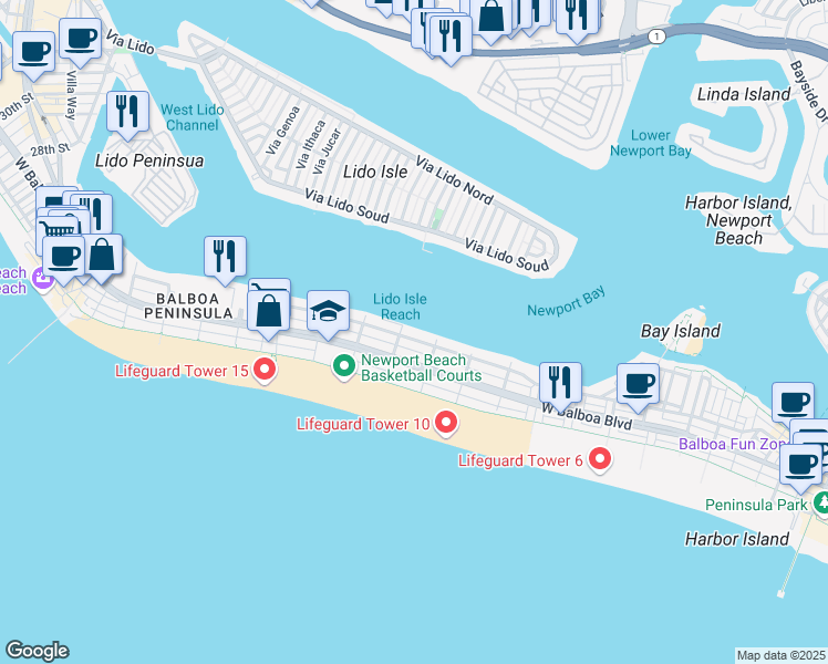 map of restaurants, bars, coffee shops, grocery stores, and more near 1130 West Bay Avenue in Newport Beach