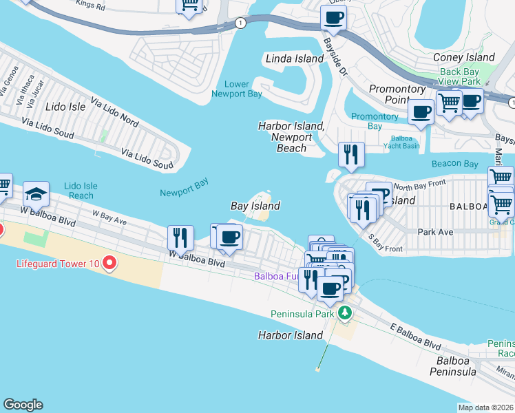 map of restaurants, bars, coffee shops, grocery stores, and more near 13 Bay Island in Newport Beach