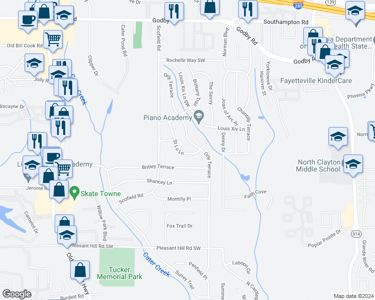 map of restaurants, bars, coffee shops, grocery stores, and more near 5490 Saint Lo Lane in College Park