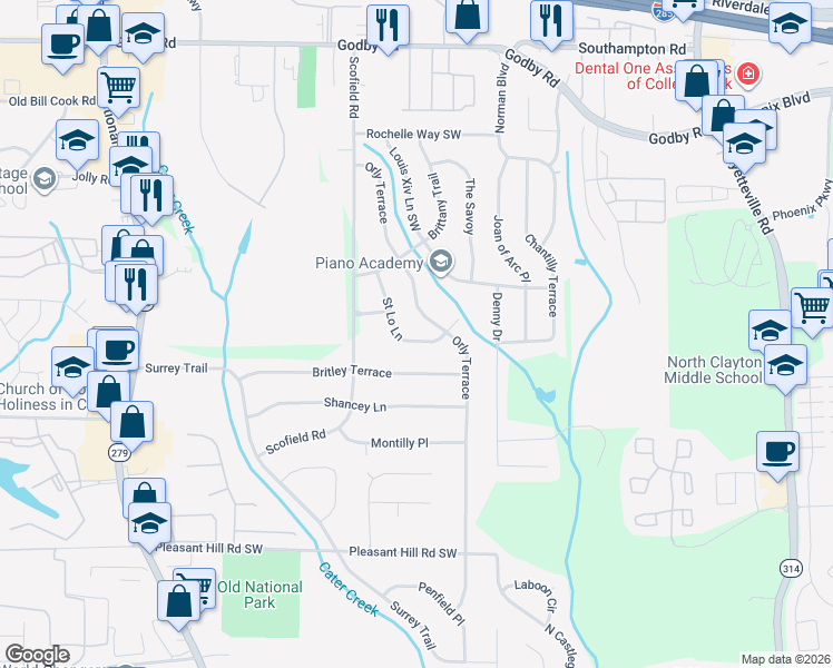 map of restaurants, bars, coffee shops, grocery stores, and more near 5490 Saint Lo Lane in College Park