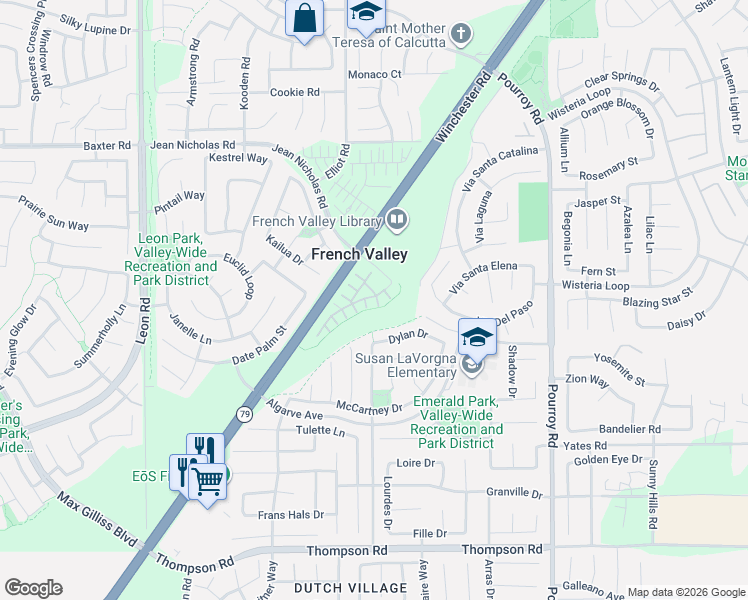 map of restaurants, bars, coffee shops, grocery stores, and more near 35302 Marabella Court in Winchester