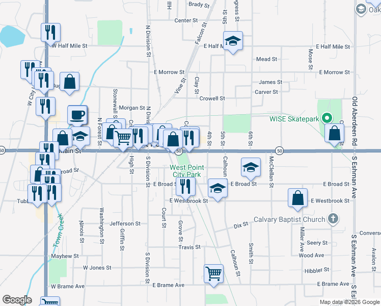 map of restaurants, bars, coffee shops, grocery stores, and more near 506 East Main Street in West Point