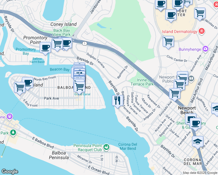 map of restaurants, bars, coffee shops, grocery stores, and more near 1601 Bayside Drive in Newport Beach