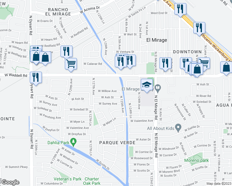 map of restaurants, bars, coffee shops, grocery stores, and more near 12517 West Willow Avenue in El Mirage